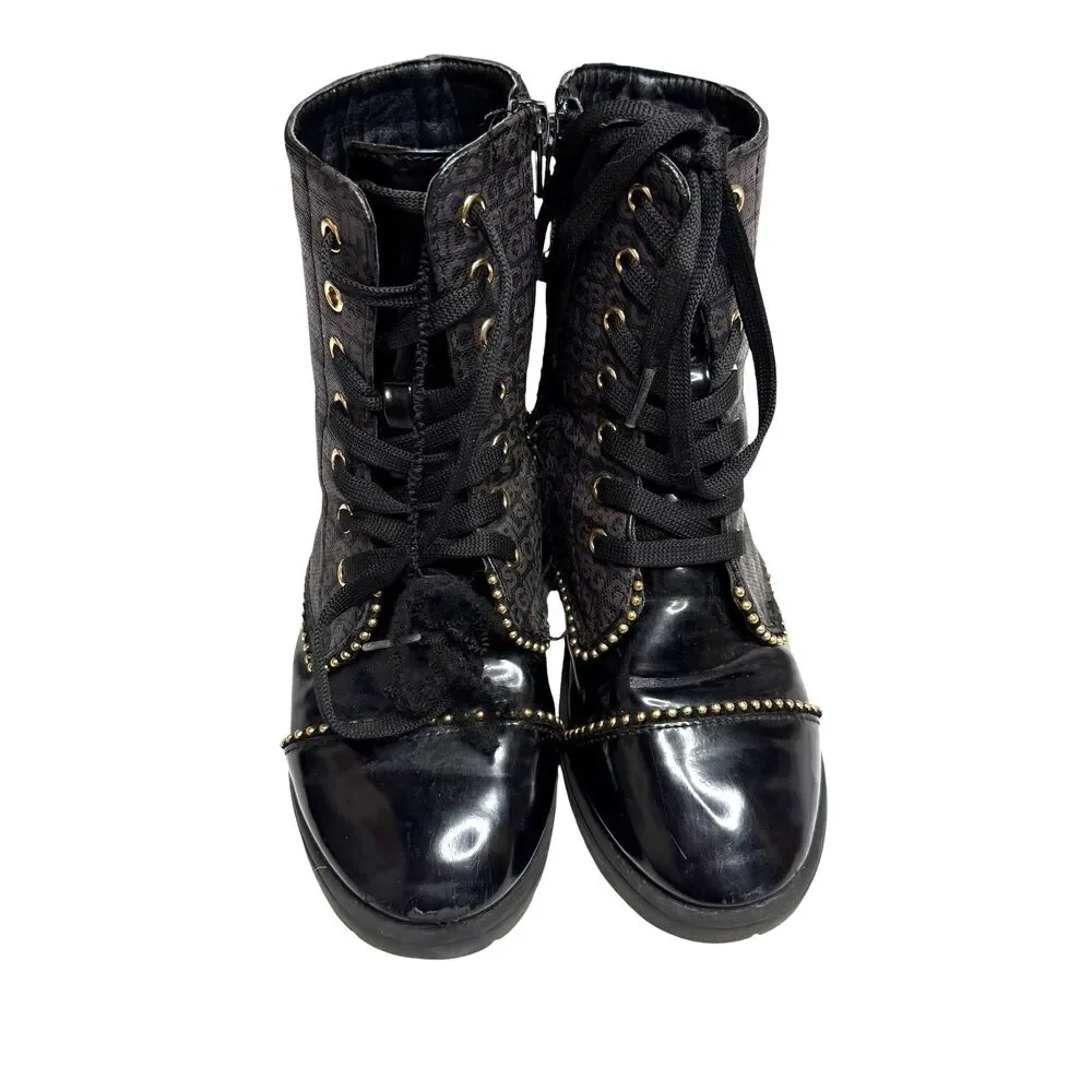 BCBG Girls Combat Boots Faux Leather Logo Stud Lace Up Lug Sole Big Girl 1